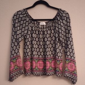 Poetry Women's Floral Boho Black Pink & Multicolor Long Sleeve Blouse, Size L